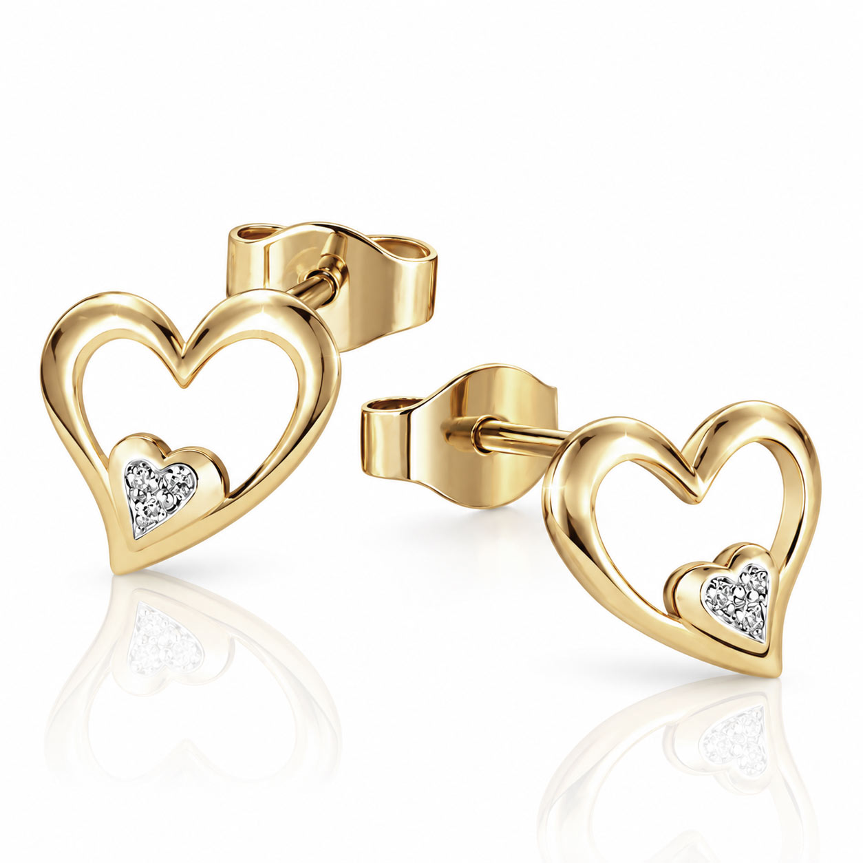 Paar Ohrstecker Herzen 375 Gelbgold 6 Diamanten zus. 0,02 ct. SI1/H