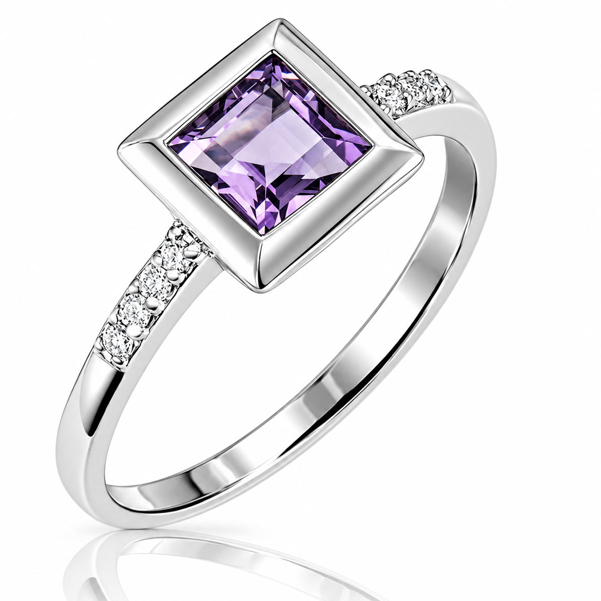 Damenring Weißgold 585 mit Amethyst Edelstein und 8 Brillanten